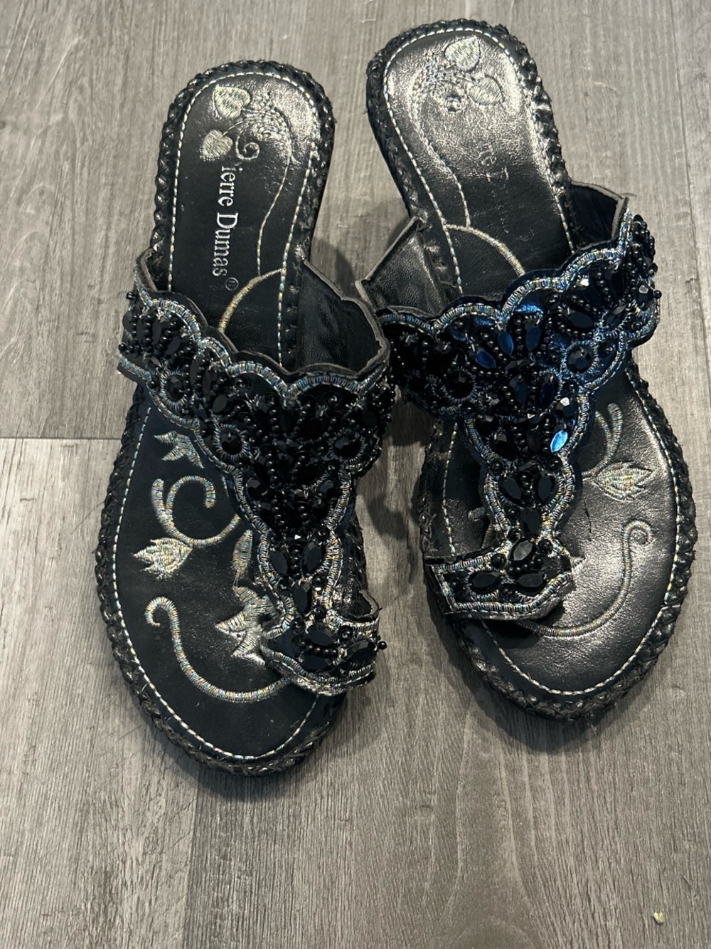 Pierre Dumas Black Beaded T-Strap Slide Sandals
